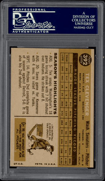 1960 Topps Tex Clevenger #392 PSA 5 back of card