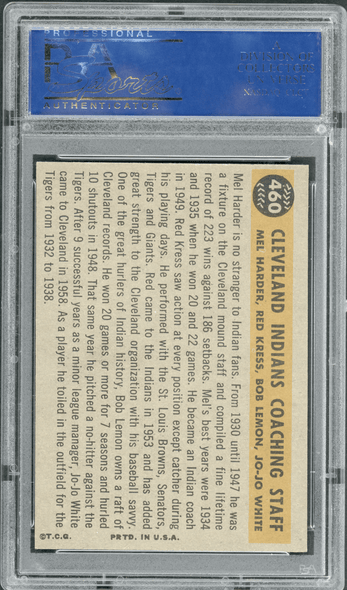 1960 Topps Cleveland Indians Coaches #460 PSA 5 back of card