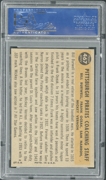 1960 Topps Pittsburgh Pirates Coaches #467 PSA 6 back of card