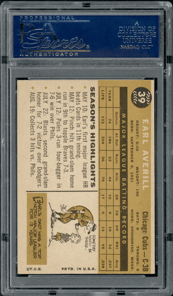 1960 Topps Earl Averill #39 PSA 6 back of card