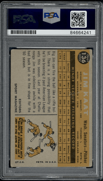 1960 Topps Jim Kaat #136 PSA Autograph 10 back of card