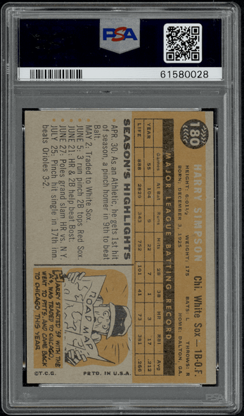 1960 Topps Harry Simpson #180 PSA 4 back of card