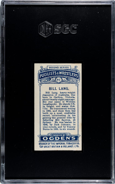1909 Ogden's Cigarettes Bill Lang #62 Pugilists & Wrestlers SGC 2.5 back of card