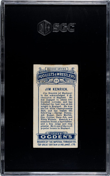 1909 Ogden's Cigarettes Jim Kenrick #66 Pugilists & Wrestlers SGC 1 back of card