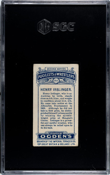 1909 Ogden's Cigarettes Henry Irslinger #69 Pugilists & Wrestlers SGC 4.5 back of card