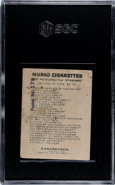 1910 T51 Murad Cigarettes Wesleyan University College Series SGC 1.5 back of card
