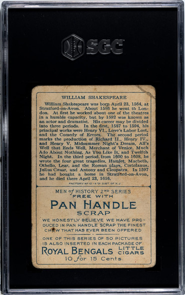 1911 T68 Pan Handle Scrap William Shakespeare Men of History SGC 1 back of card