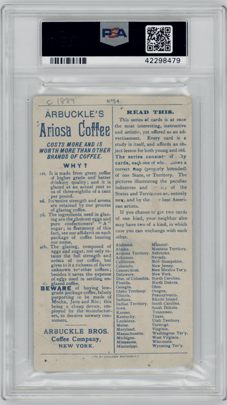 1890 K6 Arubckle Coffee Pennslyvania #54 Illustrated Atlas of U.S. PSA 1.5(MK) back of card