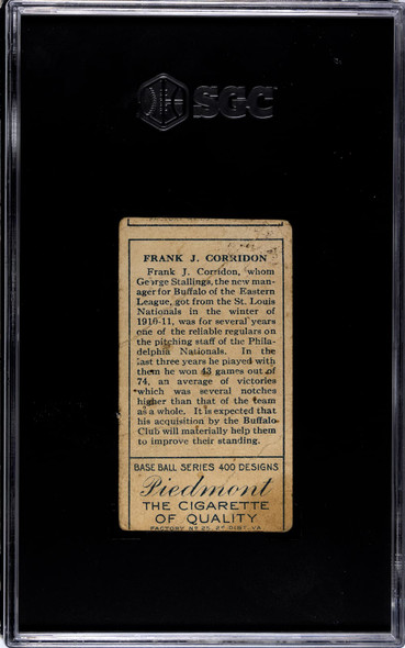1911 T205 Frank Corridon Piedmont SGC 1 back of card