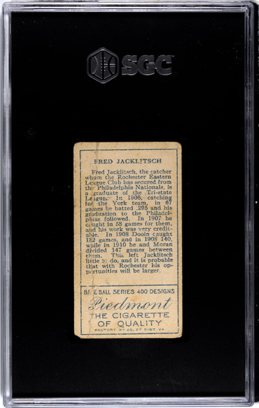 1911 T205 Fred Jacklitsch Piedmont SGC 1 back of card