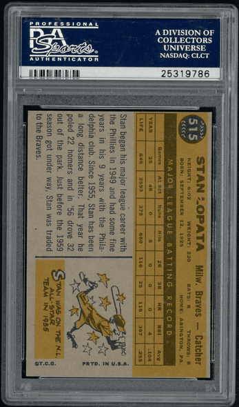 1960 Topps Stan Lopata #515 PSA 6 back of card