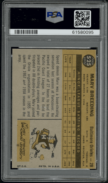 1960 Topps Marv Breeding #525 PSA 4 back of card