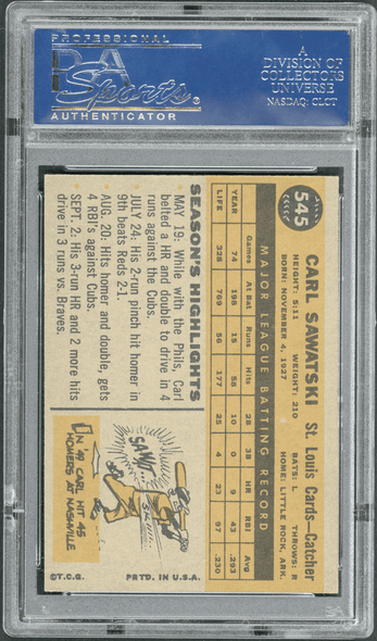 1960 Topps Carl Sawatski #545 PSA 6 back of card