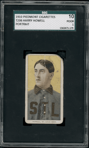 1910 T206 Harry Howell Portrait, Backstamp Piedmont 350 SGC 1 front of card
