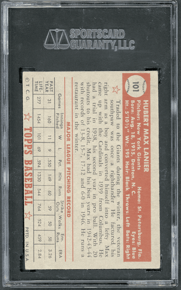 1952 Topps Max Lanier #101 SGC 4 back of card