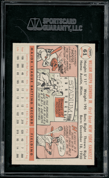 1956 Topps Bill Skowron White Back #61 SGC 7.5 back of card