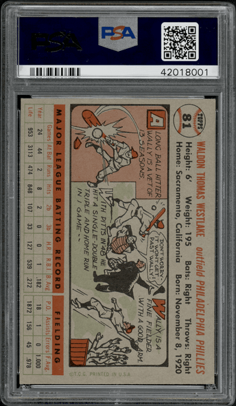 1956 Topps Wally Westlake Gray Back #81 PSA 7 back of card