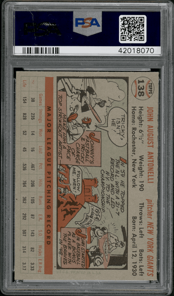 1956 Topps Johnny Antonelli Gray Back #138 PSA 7 back of card