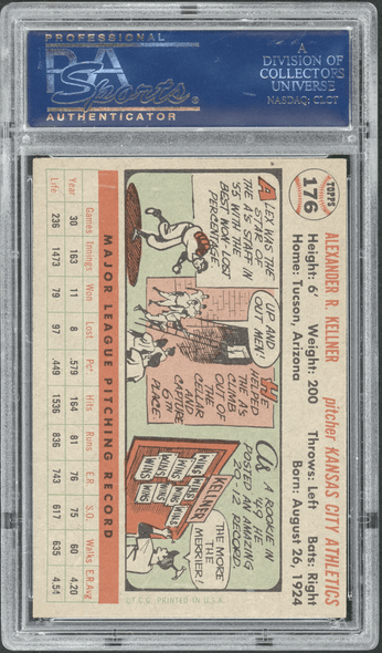 1956 Topps Alex Kellner Gray Back #176 PSA 7 back of card