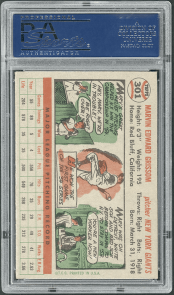 1956 Topps Marv Grissom #301 PSA 8 back of card