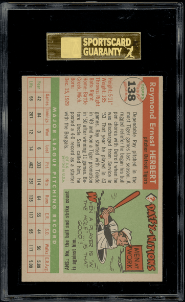 1955 Topps Ray Herbert #138 SGC 7.5 back of card