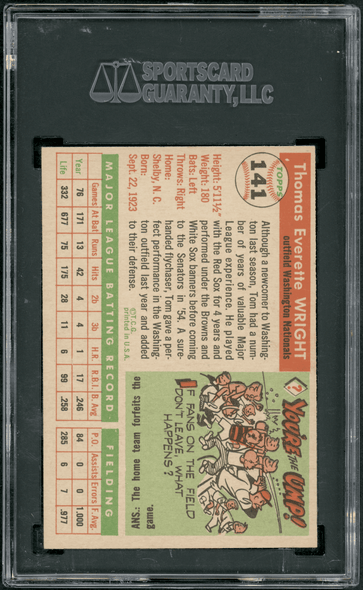 1955 Topps Tom Wright #141 SGC 7 back of card