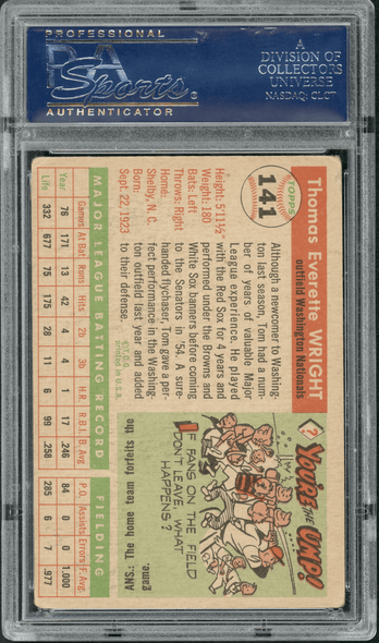 1955 Topps Tom Wright #141 PSA Authentic Auto back of card