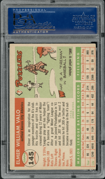 1955 Topps Elmer Valo #145 PSA Authentic Auto back of card