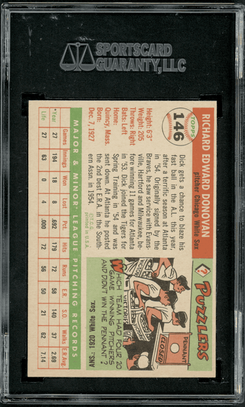 1955 Topps Dick Donovan #146 SGC 7 back of card