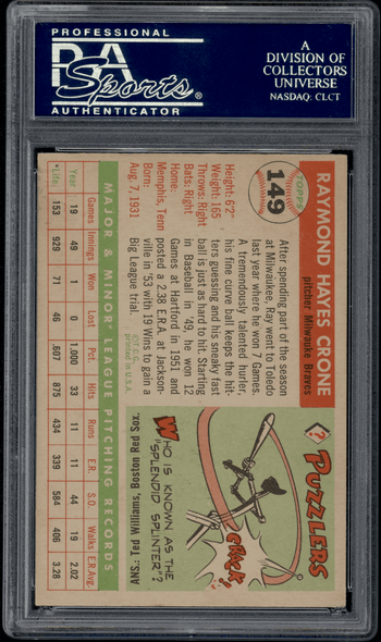 1955 Topps Ray Crone #149 PSA Authentic Auto back of card