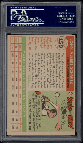 1955 Topps Johnny Schmitz #159 PSA Authentic Auto back of card