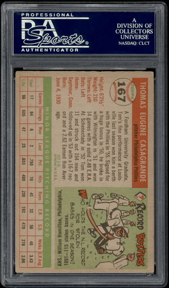 1955 Topps Tom Casagrande #167 PSA Authentic Auto back of card