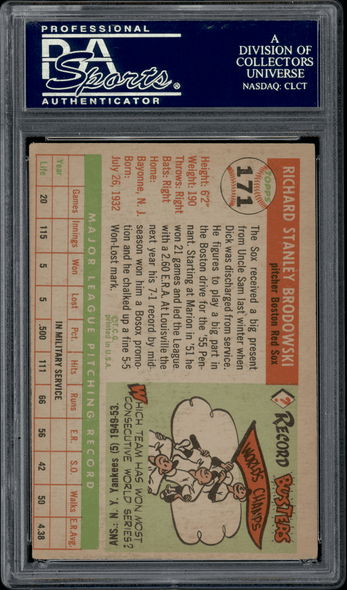 1955 Topps Dick Brodowski #171 PSA Authentic Auto back of card