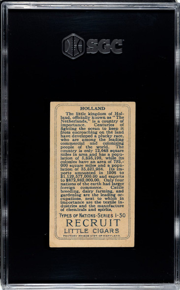 1910 T113 Types of All Nations Holland Recruit Little Cigars SGC 3.5 back of card