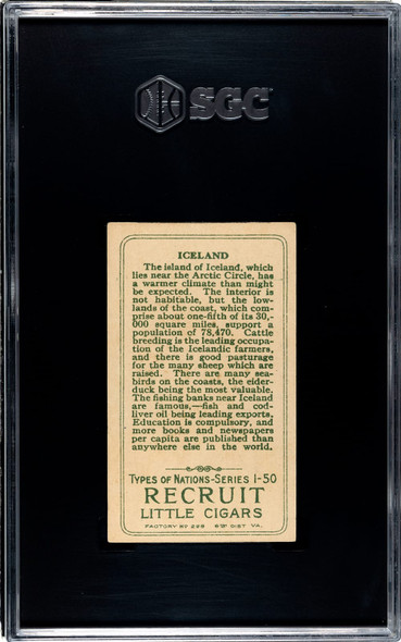 1910 T113 Types of All Nations Iceland Recruit Little Cigars SGC 4 back of card