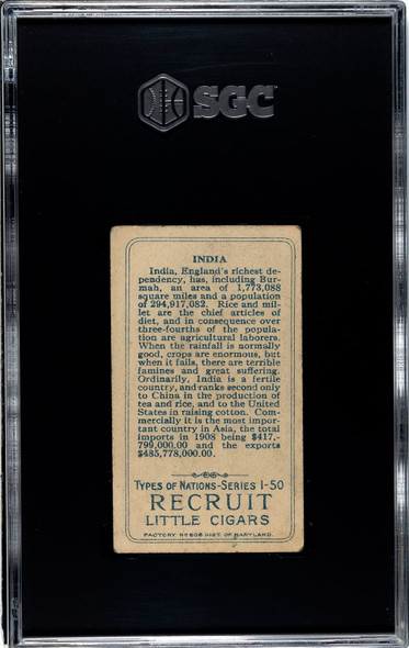 1910 T113 Types of All Nations India Recruit Little Cigars SGC 3 back of card