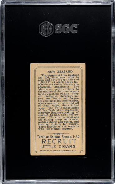 1910 T113 Types of All Nations New Zealand Recruit Little Cigars SGC 4 back of card