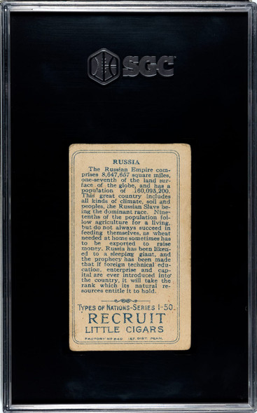 1910 T113 Types of All Nations Russia Recruit Little Cigars SGC 3 back of card