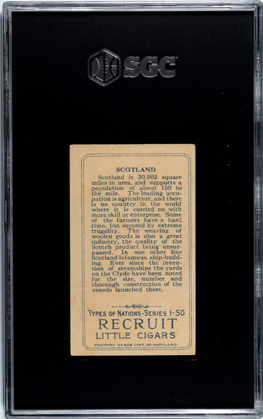 1910 T113 Types of All Nations Scotland Recruit Little Cigars SGC 4.5 back of card
