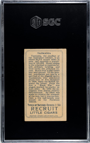 1910 T113 Types of All Nations Tasmania Recruit Little Cigars SGC 4 back of card