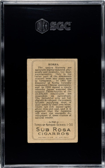 1910 T113 Types of All Nations Korea Sub Rosa Cigarettes SGC 1.5 back of card