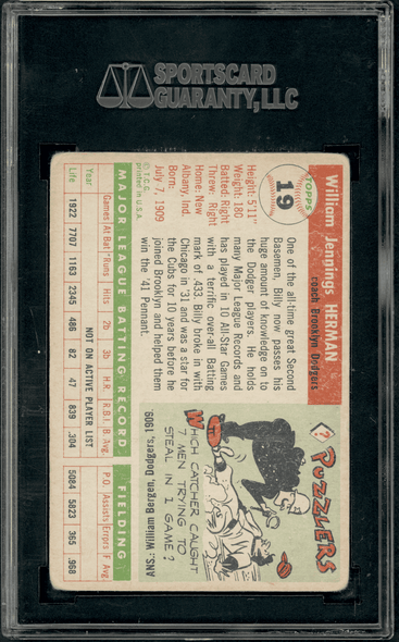 1955 Topps Billy Herman #19 SGC Authentic Auto back of card