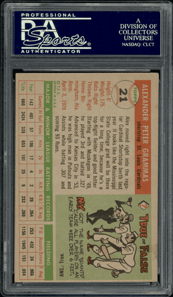 1955 Topps Alex Grammas #21 PSA Authentic Auto back of card