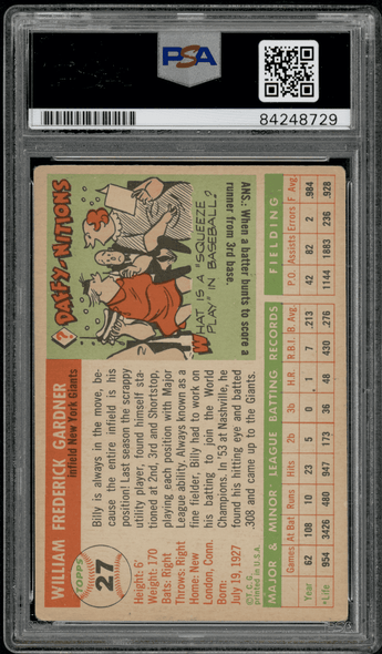 1955 Topps Billy Gardner #27 PSA Authentic Auto back of card