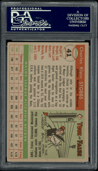 1955 Topps Chuck Stobbs #41 PSA Authentic Auto back of card