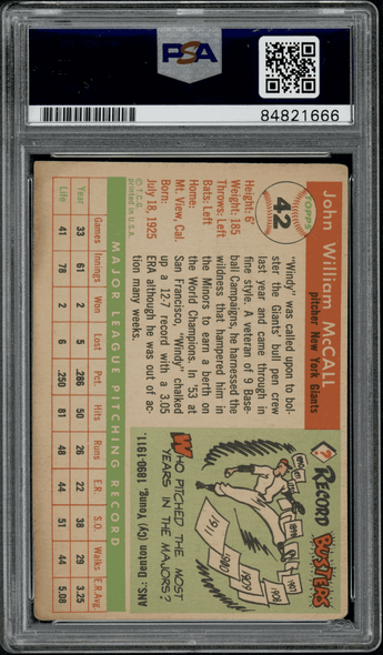 1955 Topps John Windy McCall #42 PSA Authentic Auto back of card