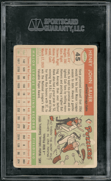 1955 Topps Hank Sauer #45 SGC Authentic Auto back of card