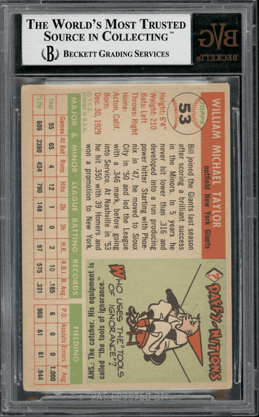 1955 Topps Bill Taylor #53 BVG Authentic Auto back of card