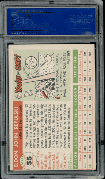 1955 Topps Rip Repulski #55 PSA Authentic Auto back of card