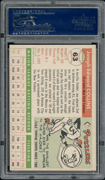 1955 Topps Joe Collins #63 PSA Authentic Auto back of card